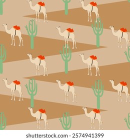 Seamless pattern Illustrations desert camel caravan with cactus