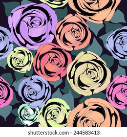 Seamless pattern with illustrations of different color roses. Contrasting bright colored flowers on a dramatic dark background.