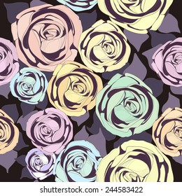 Seamless pattern with illustrations of different color roses. Contrasting bright colored flowers on a dramatic dark background.