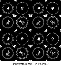 Seamless pattern. Illustrations for Halloween. Skeletons, skulls and floral elements.