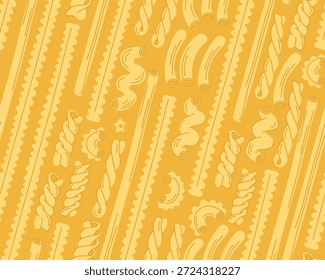 Padrão contínuo com ilustrações de massas italianas de diferentes formas, macarrão, espaguete em um fundo amarelo. Padrão para menu, restaurante cozinha italiana.