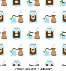 Seamless pattern with illustrations on a coffee theme. Turkish coffee pot, cup of coffee and jar of coffee.