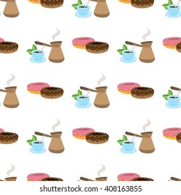Seamless pattern with illustrations on a coffee theme. Turkish coffee pot, cup of coffee and donuts.