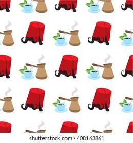 Seamless pattern with illustrations on a coffee theme. Turkish coffee pot, cup of coffee and fez.