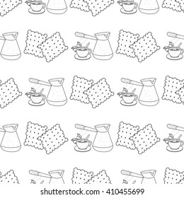 Seamless pattern with illustrations on a coffee theme. Turkish coffee pot, cup of coffee and crackers.