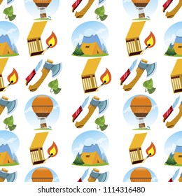 Seamless pattern with illustrations on the theme of an active lifestyle, tourism, recreation in a camping.