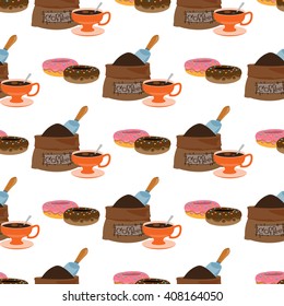 Seamless pattern with illustrations on the theme of coffee. Donuts and a bag of coffee beans.