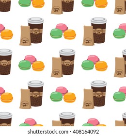 Seamless pattern with illustrations on the theme of coffee. Macaroon and coffee in the cup.