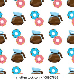 Seamless pattern with illustrations on the theme of coffee. Teapot and donuts.