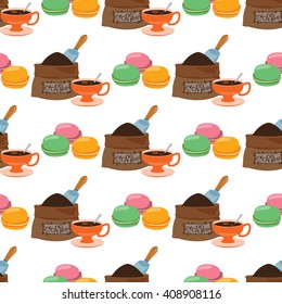 Seamless pattern with illustrations on the theme of coffee. Macaroon and a bag of coffee beans.