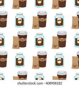 Seamless pattern with illustrations on the theme of coffee. A cup of hot coffee or tea and jar of coffee.