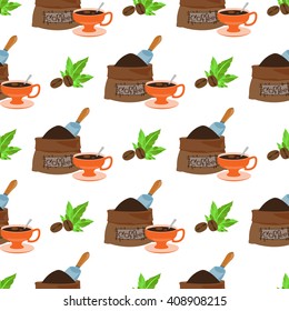 Seamless pattern with illustrations on the theme of coffee. Coffee beans and a bag of coffee beans.