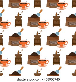 Seamless pattern with illustrations on the theme of coffee. Old coffee grinder and a bag of coffee beans.