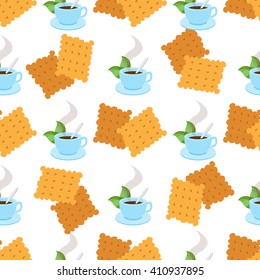 Seamless pattern with illustrations on the theme of coffee. A cup of hot coffee or tea and crackers.