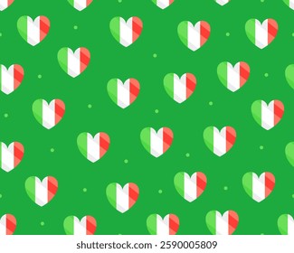 Seamless pattern with illustrations for Saint Patrick's day. Hearts with irish flag on a green background. Print for paper, textile.