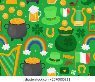 Seamless pattern with illustrations for Saint Patrick's day, green background. Clover leaf, rainbow, pot, gold coin, harp, beer. Symbols of luck. Print for paper, textile.