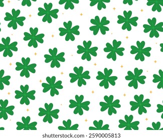 Seamless pattern with illustrations for Saint Patrick's day. Green clover leaves on white background. Symbols of luck. Print for paper, textile.