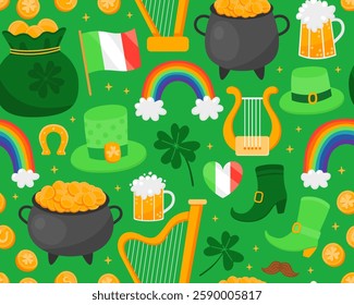 Seamless pattern with illustrations for Saint Patrick's day, green background. Clover leaf, rainbow, pot, gold coin, harp, beer. Symbols of luck. Print for paper, textile.