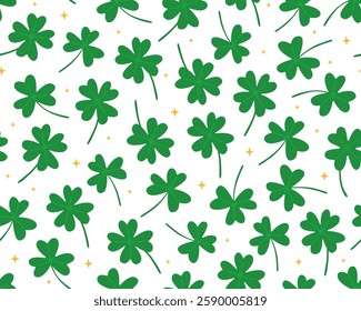 Seamless pattern with illustrations for Saint Patrick's day. Green clover leaves on white background. Symbols of luck. Print for paper, textile.