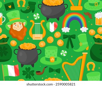 Seamless pattern with illustrations for Saint Patrick's day, green background. Leprechaun, clover leaf, rainbow, pot, gold coin, harp, beer. Symbols of luck. Print for paper, textile.