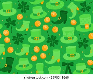 Seamless pattern with illustrations for Saint Patrick's day. Bowler hats, boots, clover leaves and gold coins on a green background. Symbols of luck. Print for paper, textile.