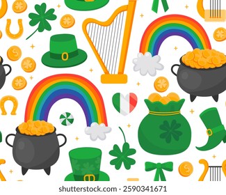 Seamless pattern with illustrations for Saint Patrick's day, white background. Clover leaf, rainbow, cauldron, gold coin, harp, hat. Symbols of luck. Print for paper, textile.