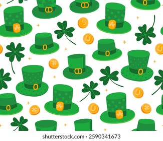 Seamless pattern with illustrations for Saint Patrick's day. Bowler hats, clover leaves and gold coins on a white background. Symbols of luck. Print for paper, textile.