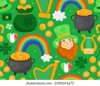 Seamless pattern with illustrations for Saint Patrick's day, green background. Leprechaun, clover leaf, rainbow, pot, gold coin and harp. Symbols of luck. Print for paper, textile.