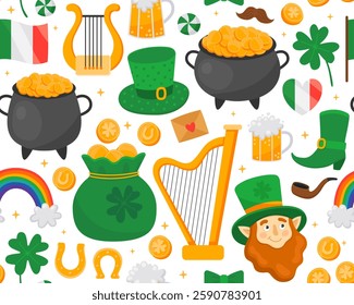 Seamless pattern with illustrations for Saint Patrick's day, white background. Leprechaun, clover leaf, rainbow, pot, gold coin, harp, beer. Symbols of luck. Print for paper, textile.