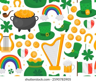 Seamless pattern with illustrations for Saint Patrick's day, white background. Clover leaf, rainbow, cauldron, gold coin, harp, beer. Symbols of luck. Print for paper, textile.