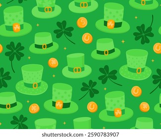 Seamless pattern with illustrations for Saint Patrick's day. Bowler hats, clover leaves and gold coins on a green background. Symbols of luck. Print for paper, textile.