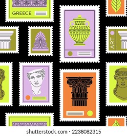 Seamless pattern with illustrations of stamps depicting ancient Greek and Roman art. Sculpture, ornament, architectural details. Hand drawn vector illustration isolated in trendy colors.