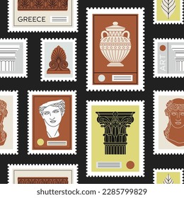 Seamless pattern with illustrations of stamps depicting ancient Greek and Roman art. Sculpture, ornament, architectural details. Hand drawn vector illustration isolated in trendy colors.