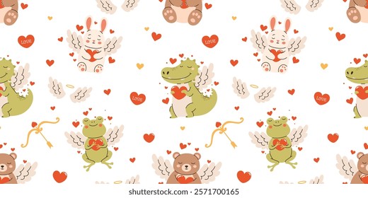 Seamless pattern with illustrations for Valentine's Day. Animal cupids. Crocodile, bear, frog, hare. Flat vector illustration.