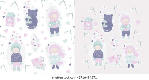 Seamless pattern and illustrations for Valentine's Day featuring funny cute cartoon characters in love - a girl, a boy, and a cat - spring story in a soft pink green blue color palette.