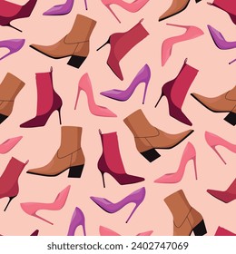 Seamless pattern with illustrations of women's shoes: fashionable shoes, boots. Vector illustration