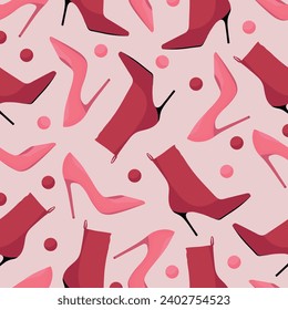 Seamless pattern with illustrations of women's shoes: fashionable shoes, boots. Vector illustration