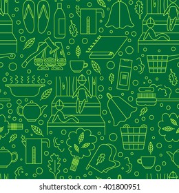 Seamless pattern with the image of accessories for baths and saunas. Completed in linear style.