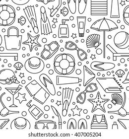 Seamless pattern with the image of accessories for a summer beach holiday. Line style. Black-and-white version.