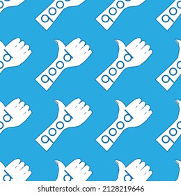 seamless pattern with the image of an affirmative hand gesture and text for prints on fabrics, clothes, packaging, covers and for background design