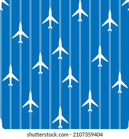seamless pattern with the image of aircraft in white and blue tones for printing on fabric, packaging, banners, as well as for interior design, letterheads, booklets in the passenger transport style