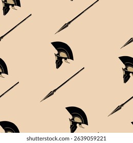 Seamless pattern with the image of an ancient warrior's helmet and an ancient spear. Vector illustration in beige and brown tones. For decorating your designs in a stylish, antique, historical style.