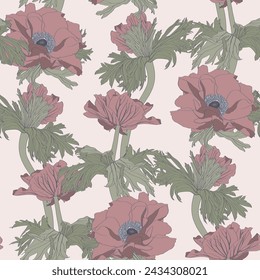 Seamless pattern with image Anemones flowers. The Japanese anemone flowers and stem seamless pattern. Simple colored flowers.