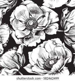 Seamless pattern with image Anemones flowers. Vector black and white illustration.