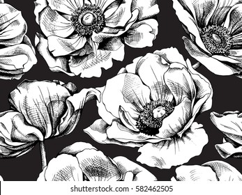 Seamless pattern with image Anemones flowers. Vector black and white illustration.