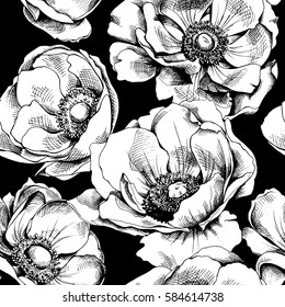 Seamless pattern with image Anemones flowers. Vector black and white illustration.