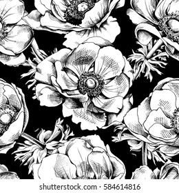 Seamless pattern with image Anemones flowers. Vector black and white illustration.