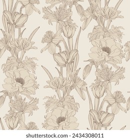 Seamless pattern with image Anemones, tulips, daffodils flowers. The Japanese anemone flowers and stem seamless pattern. 