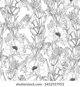 Seamless pattern with image Anemones, tulips, daffodils flowers. The Japanese anemone flowers and stem seamless pattern. 