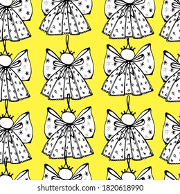 Seamless pattern with the image of an angel. Angel with wings, hand-drawn graphics. New Year's, Christmas drawing. Coloring book for children and adults. For textiles, packaging, coloring, design.